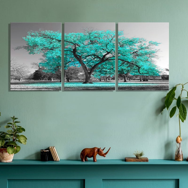 Visual Art Decor Teal and Grey Bedroom Picture for Wall 3 Pieces Turquoise Blossom Tree of Life Canvas Prints Framed Tree Painting Artwork for Modern Living Room Home Office Bathroom Decoration - Image 2